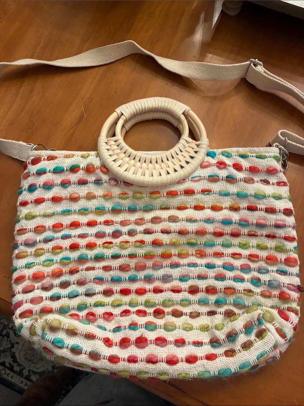 Woven Multicolor Crossbody Bag with Cream Round Handle